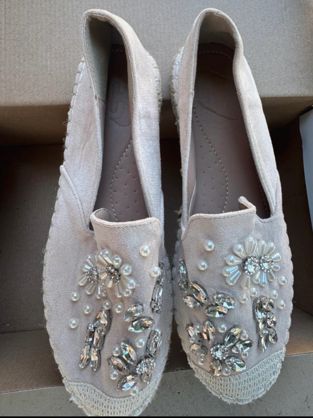 Women's Pearl & Crystal Embellished Espadrille Flats in Light Beige